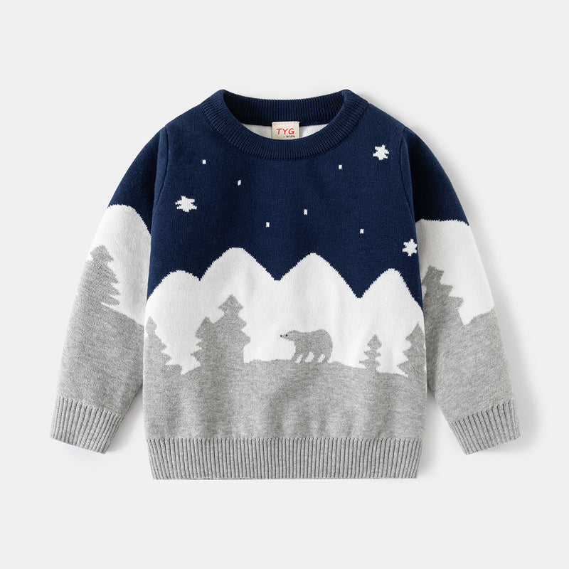 Boys Snowy Mountain Bear Thick Warm Sweater