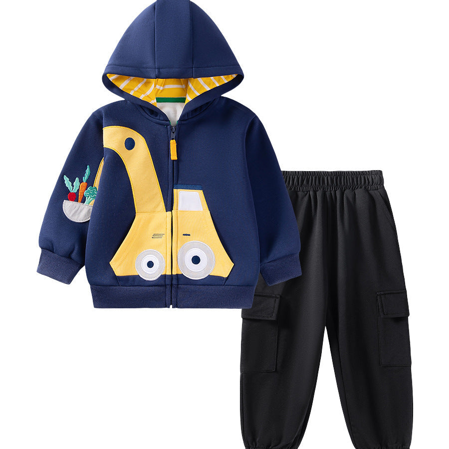 Boys Fleece Lined Warm Cartoon Hooded Outfit Set