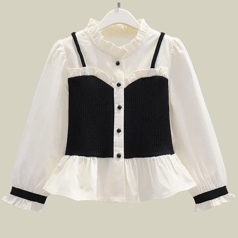 Girls French Vintage Ruffle Collar Patchwork Top & Flared Pants Set