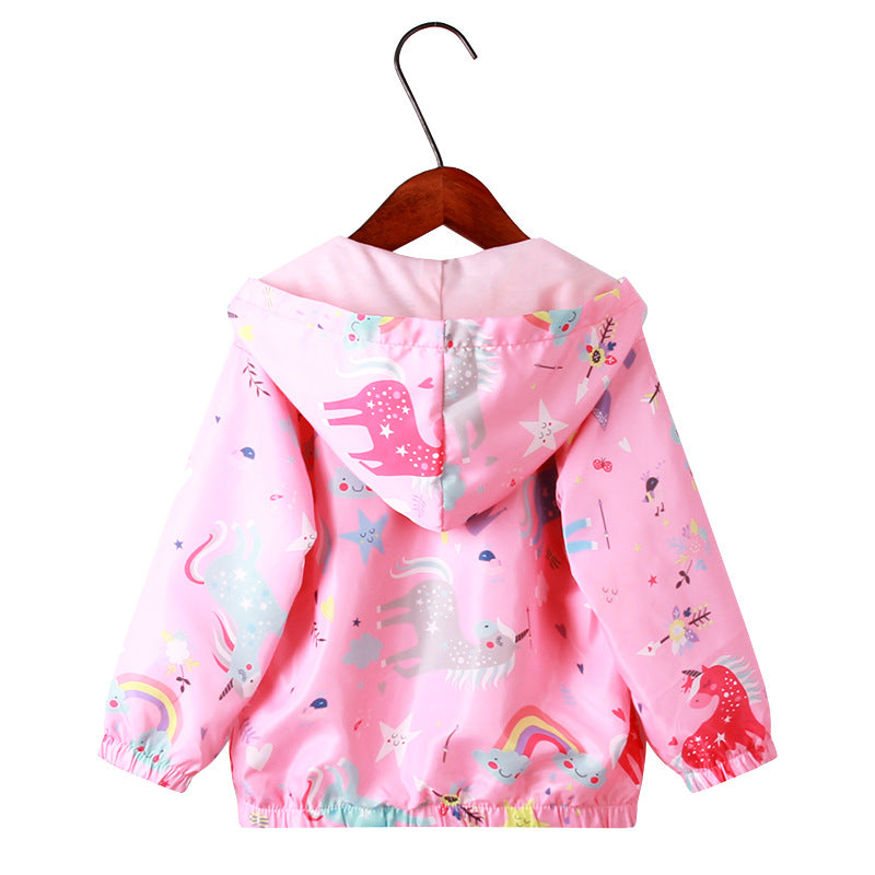 Girls Cartoon Pattern Hooded Zip-Up Jacket