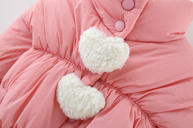 Girls Quilted Cotton Jacket with Heart Pom-Pom Fleece Lined Thick Warm Coat