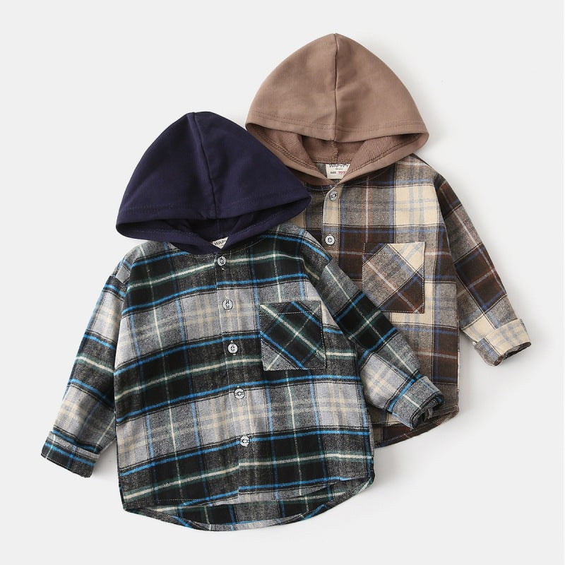 Boys Hooded Patchwork Plaid Pocket Long Sleeve Shirt Jacket