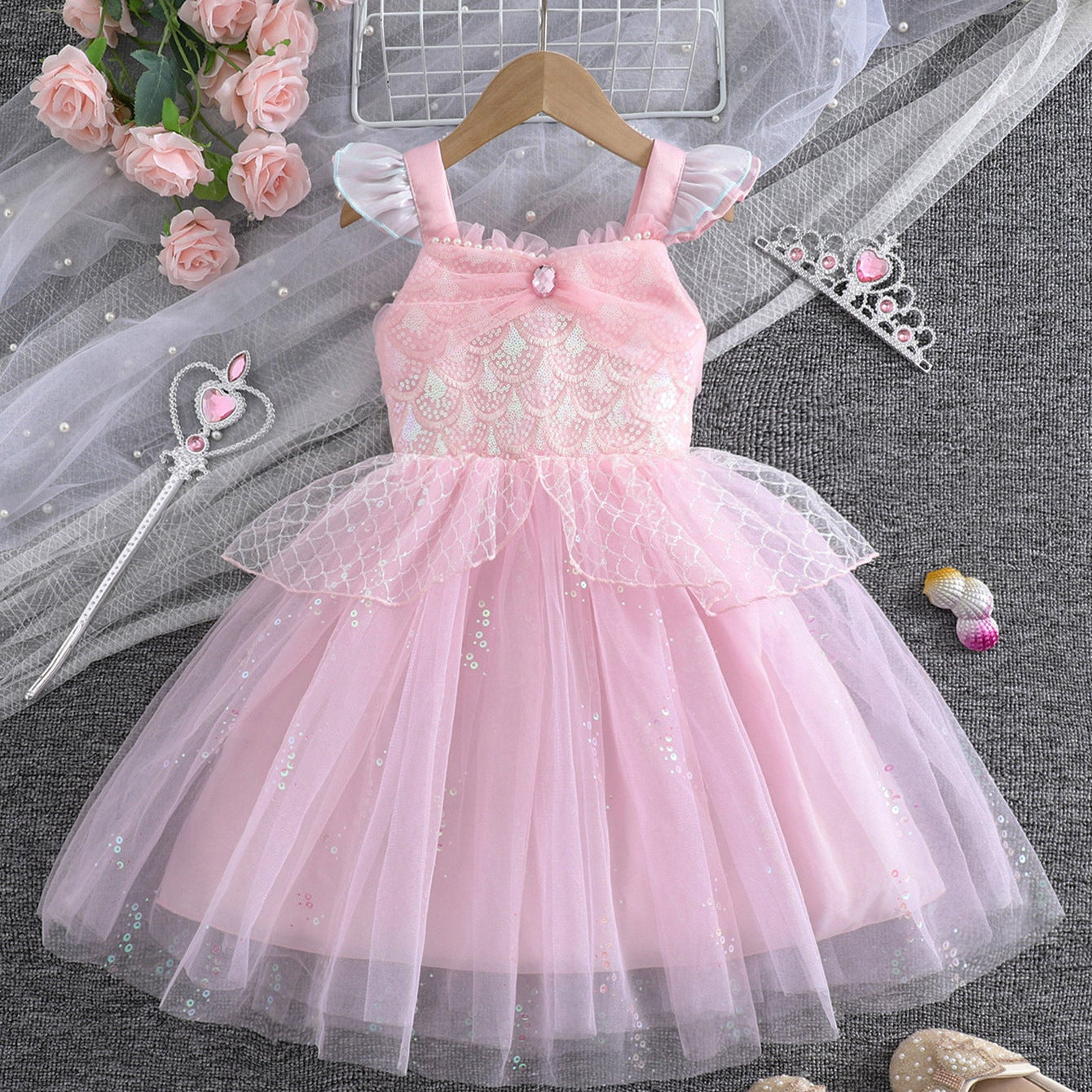 Girls Mermaid Princess Dress – Tulle Birthday Party Costume Dress for Kids