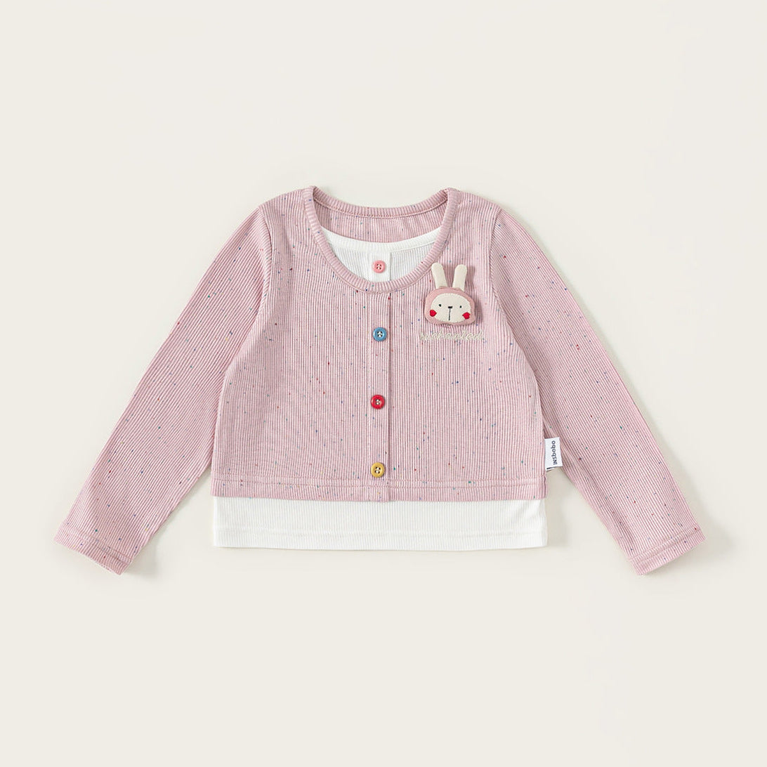 Girls’ Cartoon Bunny Cotton Faux Layered Long Sleeve T-Shirt