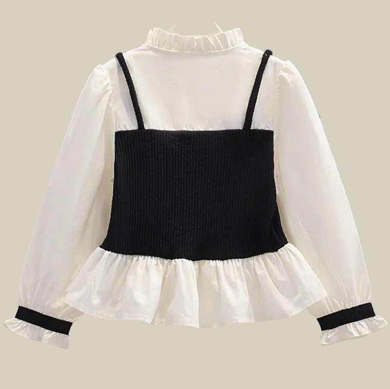 Conjunto Niña de Blusa Vintage Francesa con Cuello Volante y Pantalones Acampanados