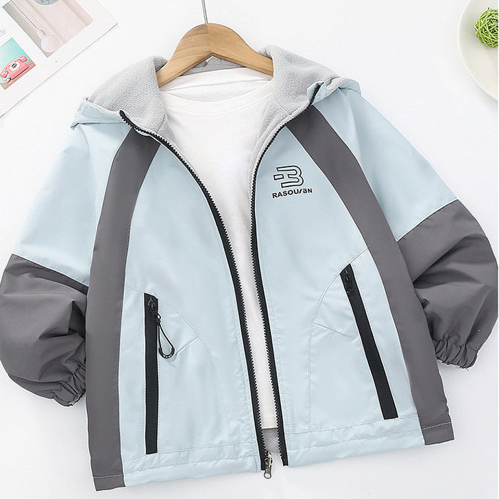 Parent-Child Reversible Fleece-Lined Hooded Windbreaker Jacket