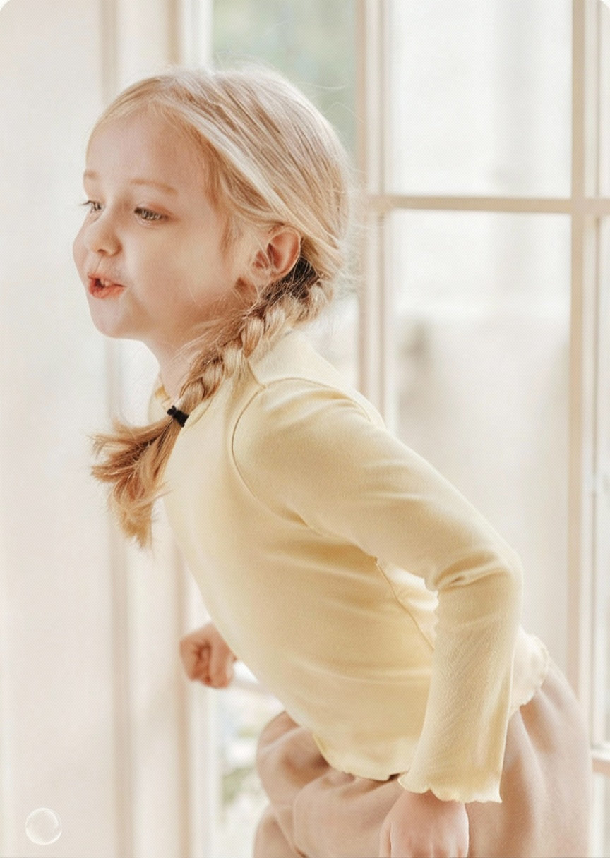 Girls Ribbed Mock Neck Ruffle Trim Cotton Long Sleeve Top