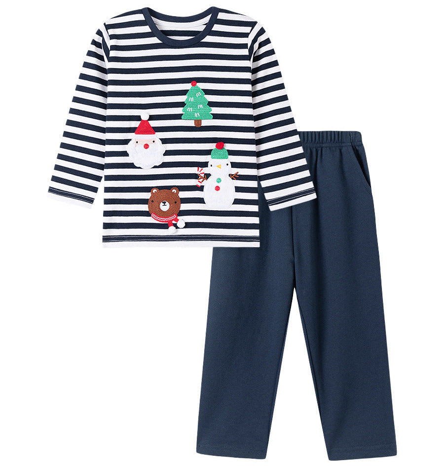 Autumn Christmas Boys Outfit Cartoon Striped Set