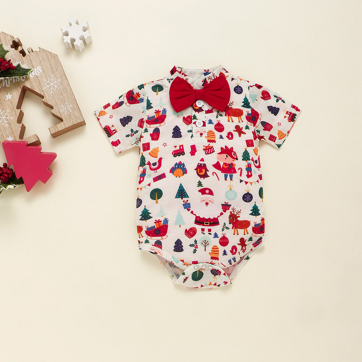 Christmas Boys Bow Tie Button-Up Romper and Suspender Pants Two-Piece Set