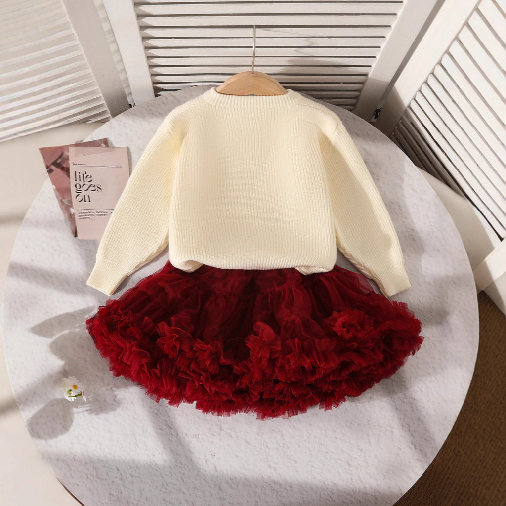 Girls Christmas Bow Knit Cardigan and Skirt Outfit Set
