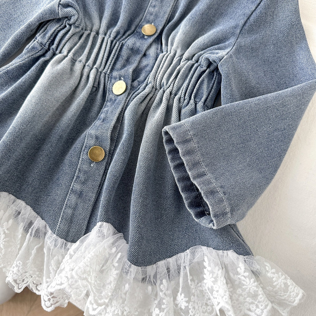 Girls’ Stand Collar Lace Hem Denim Jacket