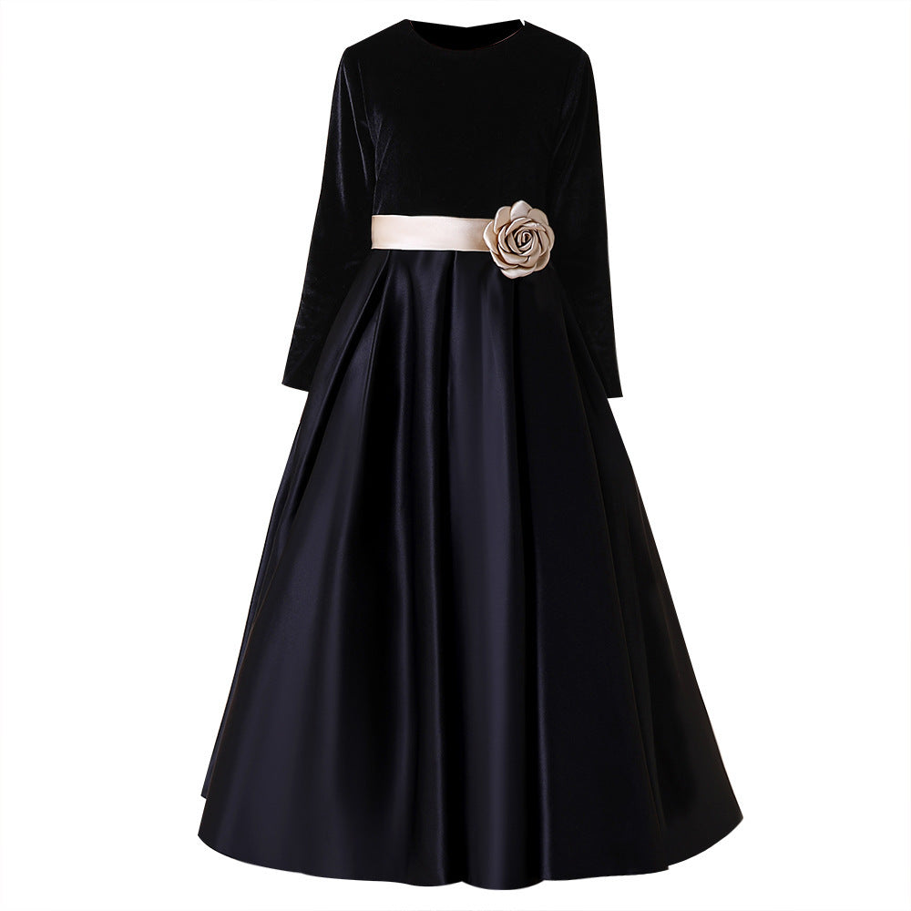 Vestido de noche grueso de terciopelo negro para niñas