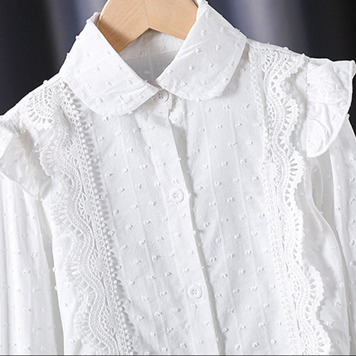 Girls’ Preppy White Cotton Long Sleeve Shirt