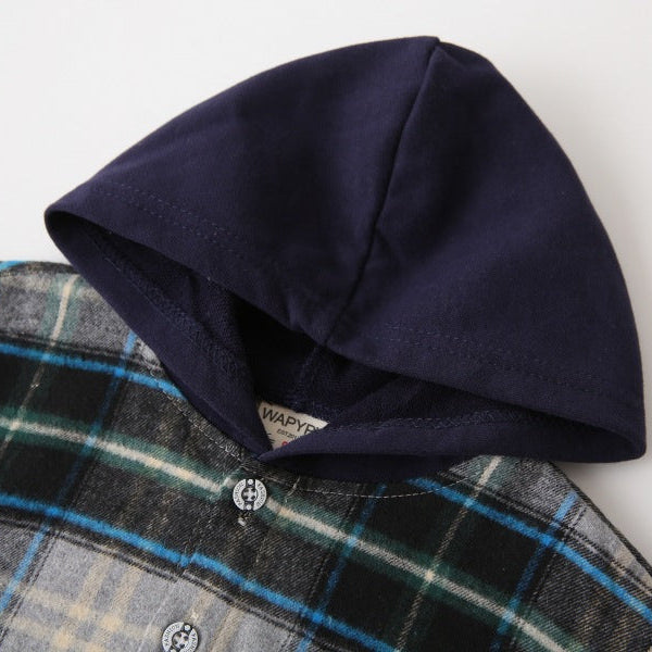 Boys Hooded Patchwork Plaid Pocket Long Sleeve Shirt Jacket