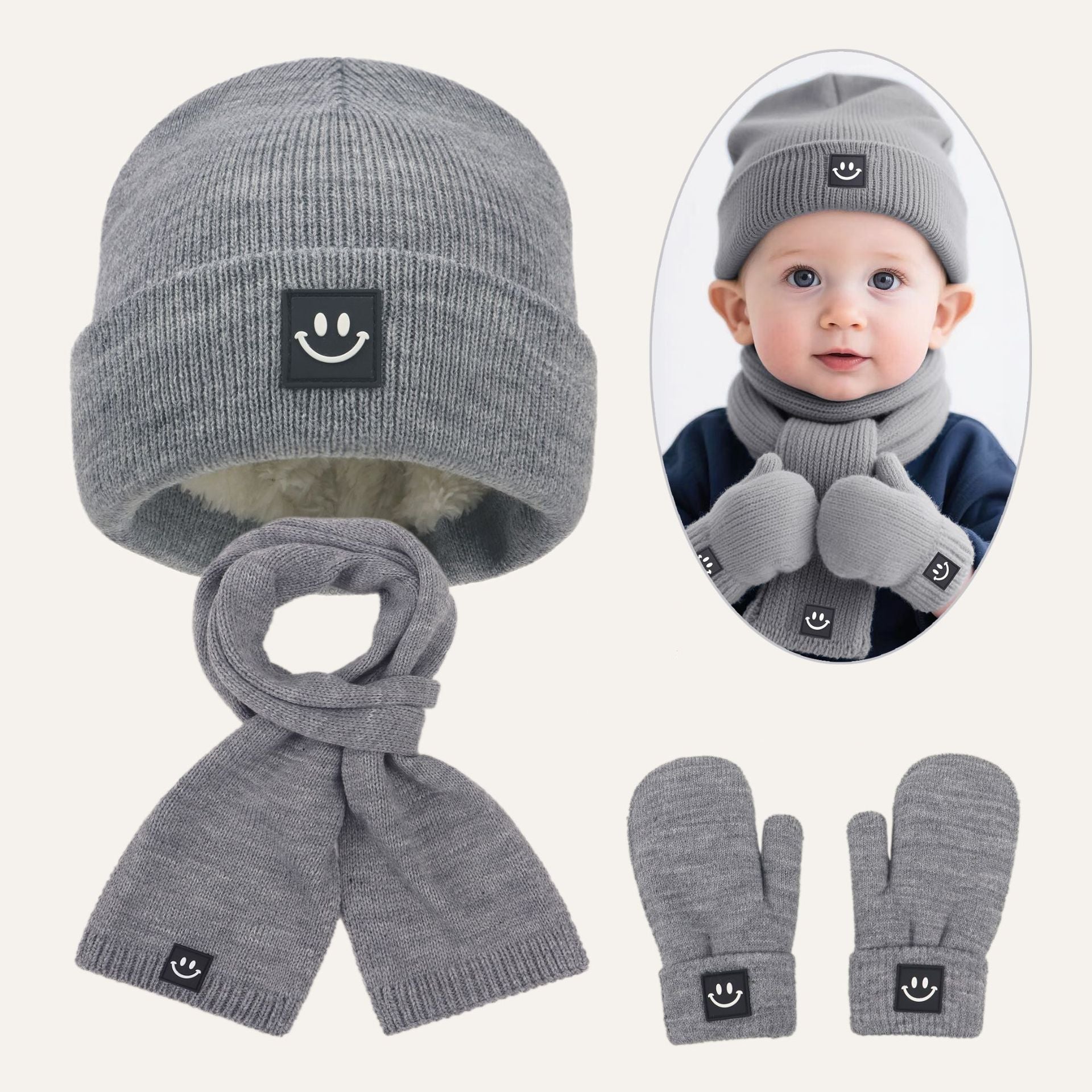 Conjunto de gorro, bufanda y guantes gruesos y cálidos con cara sonriente para niños