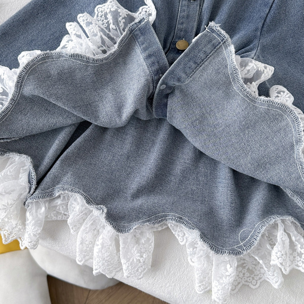 Girls’ Stand Collar Lace Hem Denim Jacket