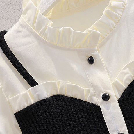 Conjunto Niña de Blusa Vintage Francesa con Cuello Volante y Pantalones Acampanados