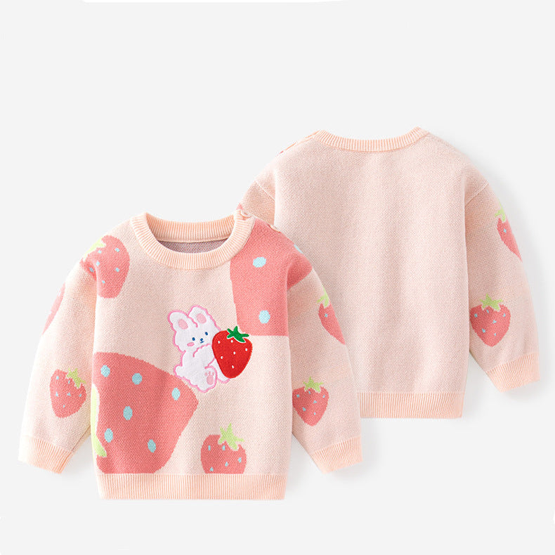 Girls Strawberry Bunny Fleece Lined Warm Sweater