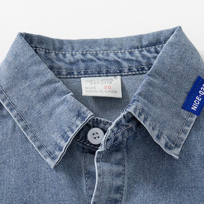 Camisa de Denim Casual con Bloques de Color para Niños de Manga Larga