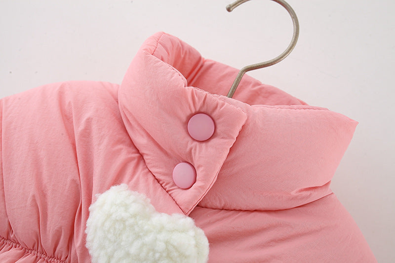 Girls Quilted Cotton Jacket with Heart Pom-Pom Fleece Lined Thick Warm Coat