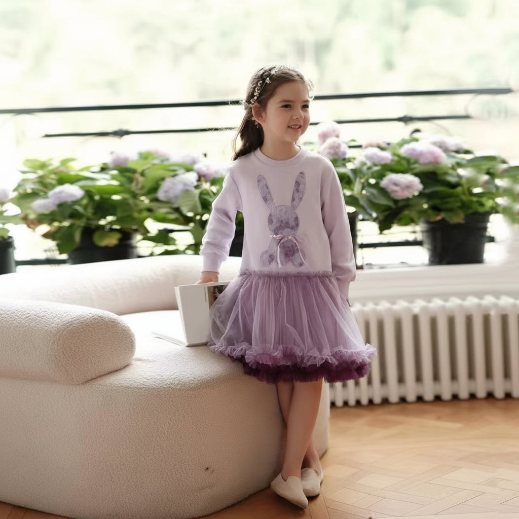 Vestido de tul con diseño de conejito de dibujos animados de otoño para niñas
