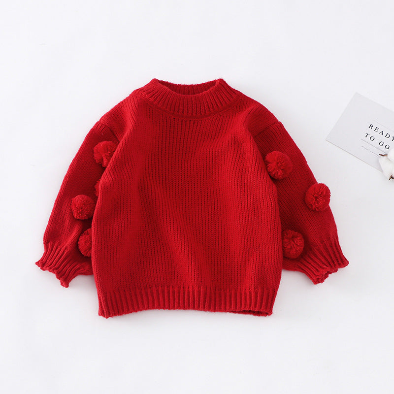 Girls Long Sleeve Christmas Sweater with Pom Poms