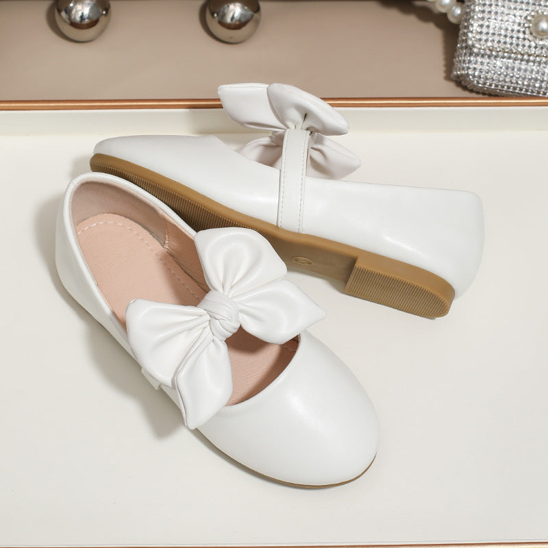 Girls White Bow Princess Shoes Soft Sole Performance Flats Kids Dress Shoes