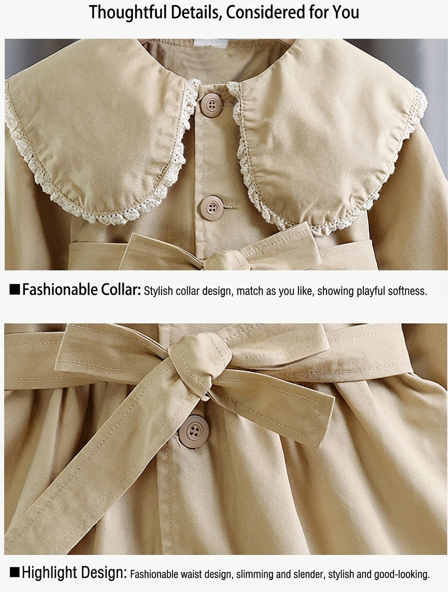 Girls’ French Style Big Collar Tie-Waist Trench Coat