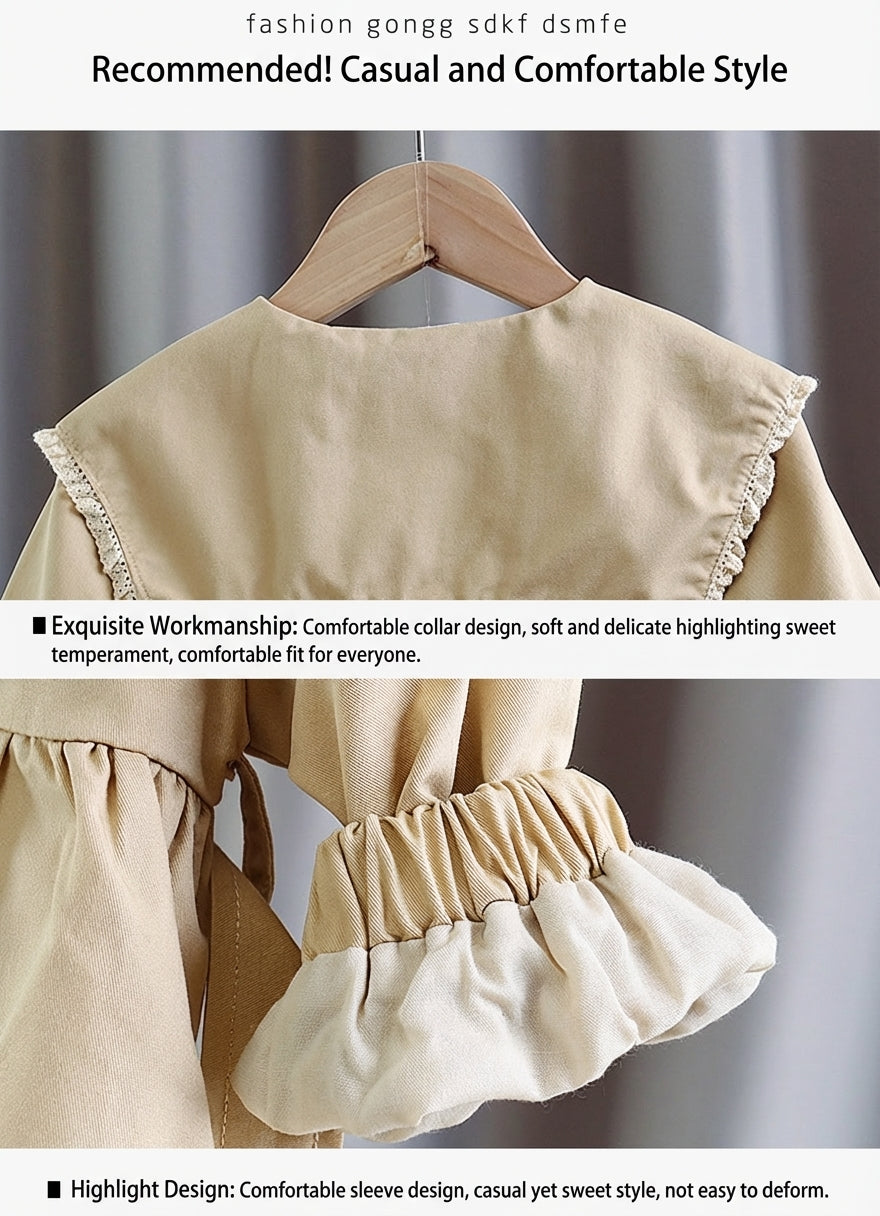 Girls’ French Style Big Collar Tie-Waist Trench Coat