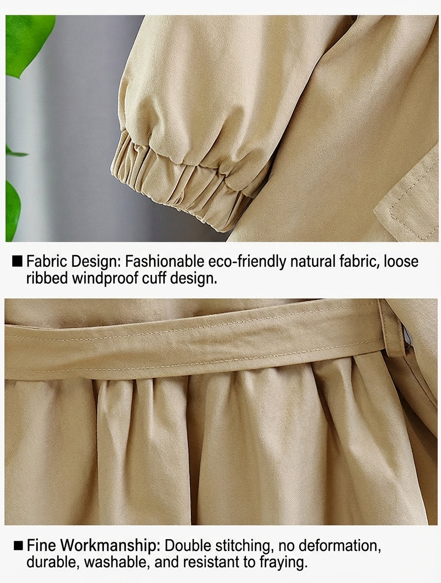 Girls’ French Style Big Collar Tie-Waist Trench Coat
