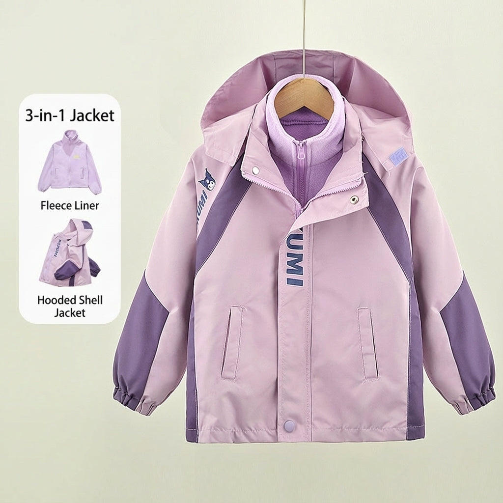 Girls’ Removable Fleece Colorblock Cartoon Hooded Jacket – Family Matching