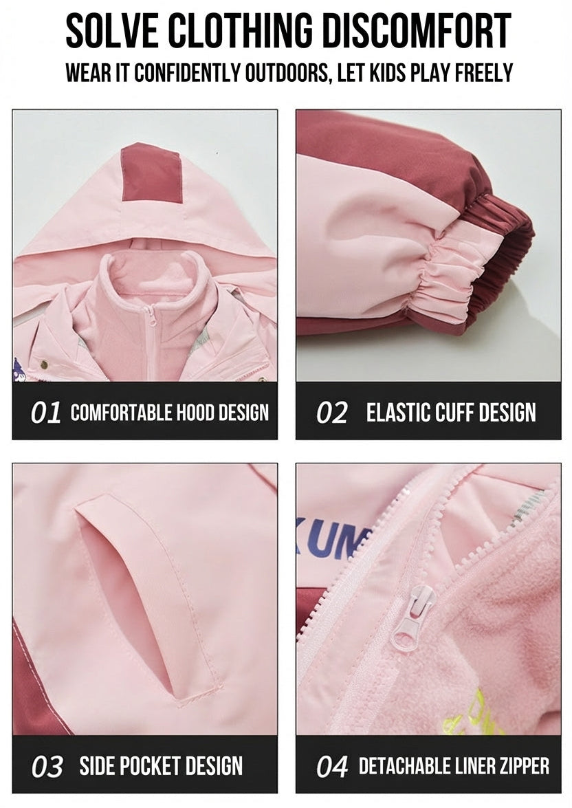 Girls’ Removable Fleece Colorblock Cartoon Hooded Jacket – Family Matching