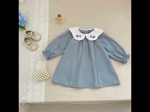 Girls’ Corduroy Long Sleeve Dress with Embroidered Peter Pan Collar