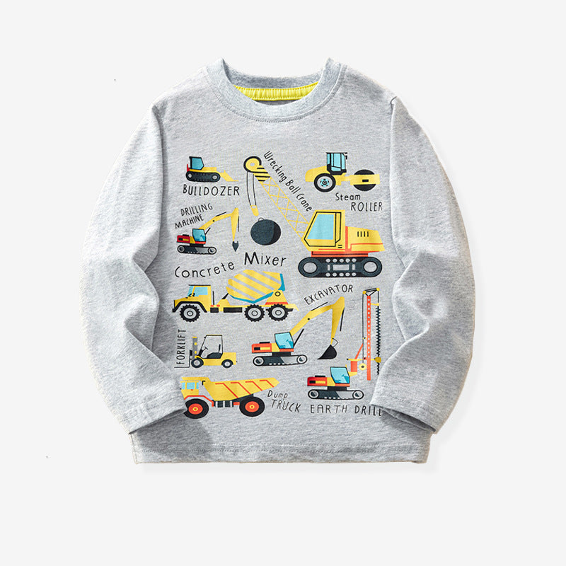 Boys’ Construction Truck Print Long Sleeve Cotton T-Shirt