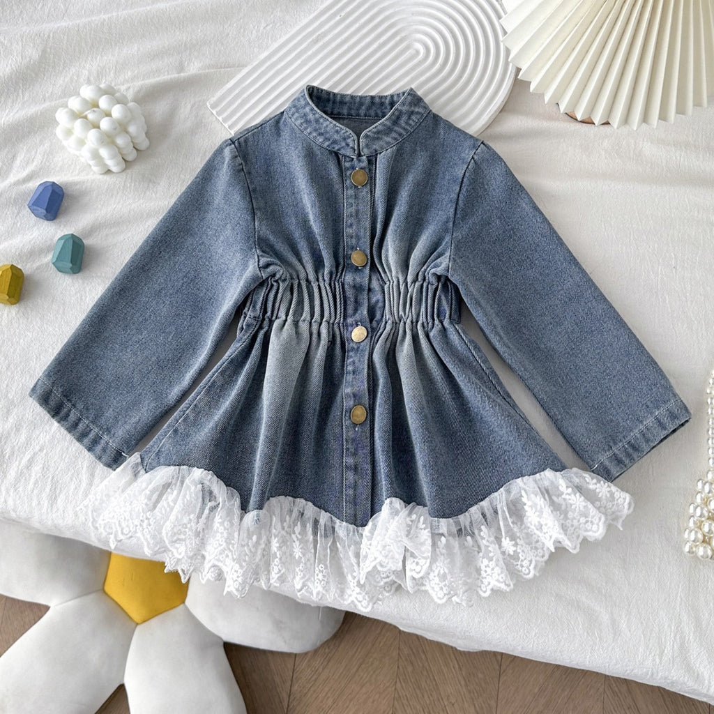 Girls’ Stand Collar Lace Hem Denim Jacket