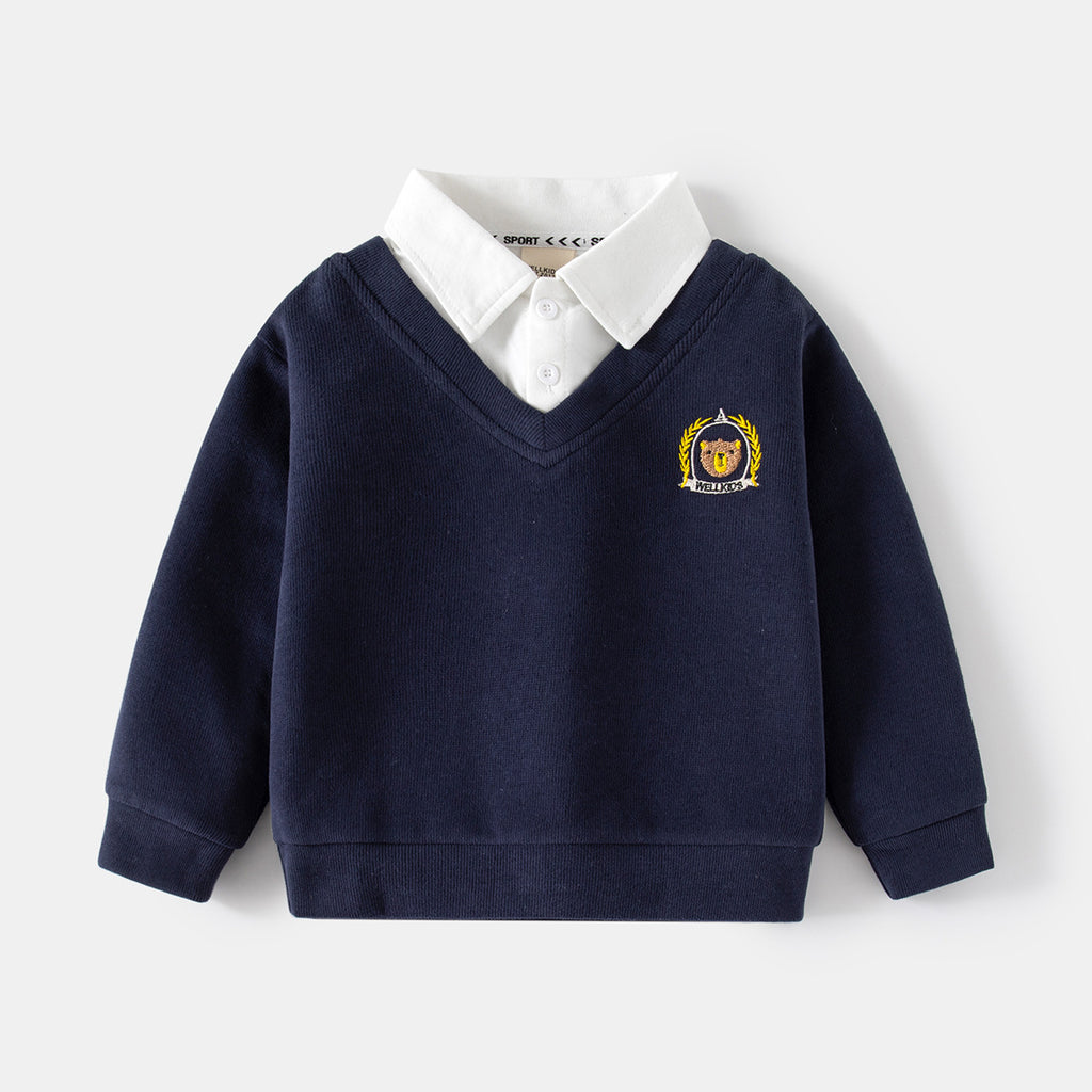 Boys V-Neck Faux Two-Piece Sweatshirt with Embroidered Bear Patch