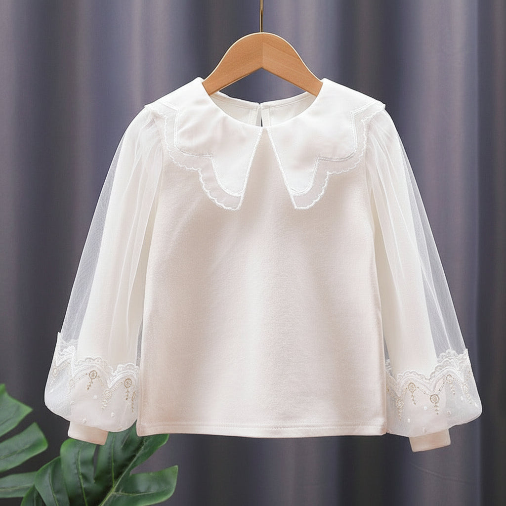 Girls’ Sweet Cotton Puff Sleeve Long Sleeve Tee