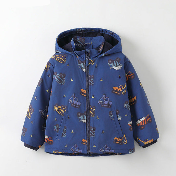 Dicke, warme Jungen-Kapuzenjacke mit Cartoon-Automotiv