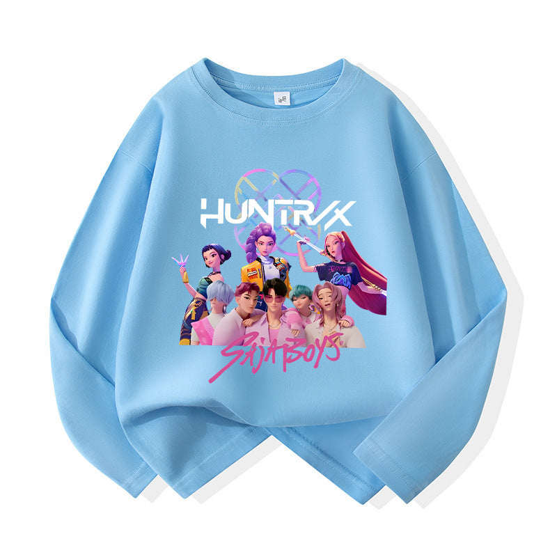 Kids’ Cartoon Demon Hunter Girls Graphic Cotton Long Sleeve T-Shirt