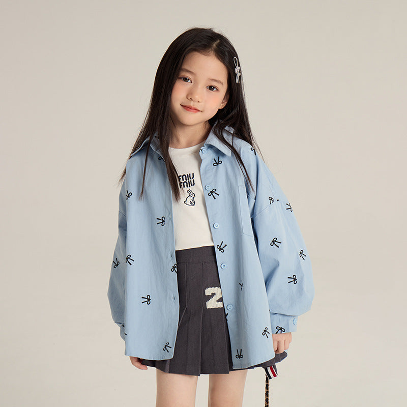 Girls’ Bow Print All-Over Long Sleeve Casual Shirt