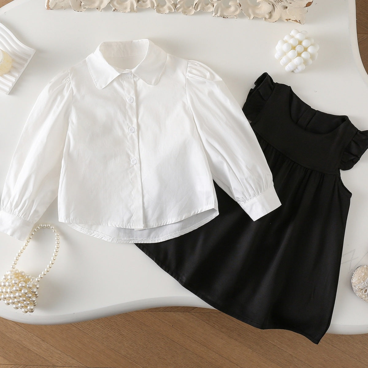 Girls Black & White Contrast Collar Shirt and Pinafore Dress Set