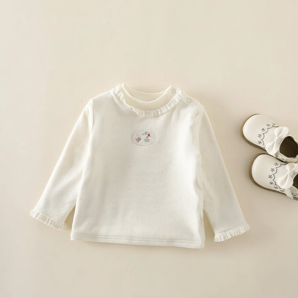Girls Sweet Style Ruffle Collar Embroidered Long Sleeve Top