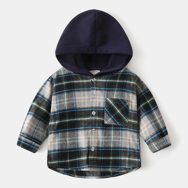 Boys Hooded Patchwork Plaid Pocket Long Sleeve Shirt Jacket