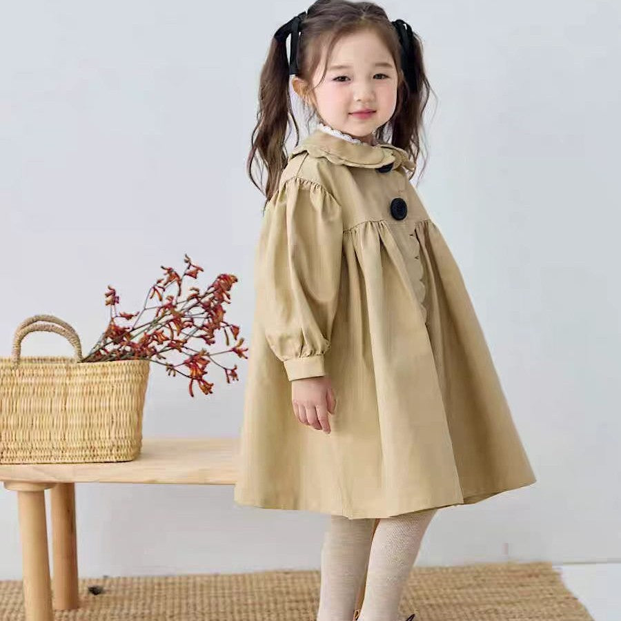 Girls’ French Style Scalloped Collar Mid-Length Trench Coat