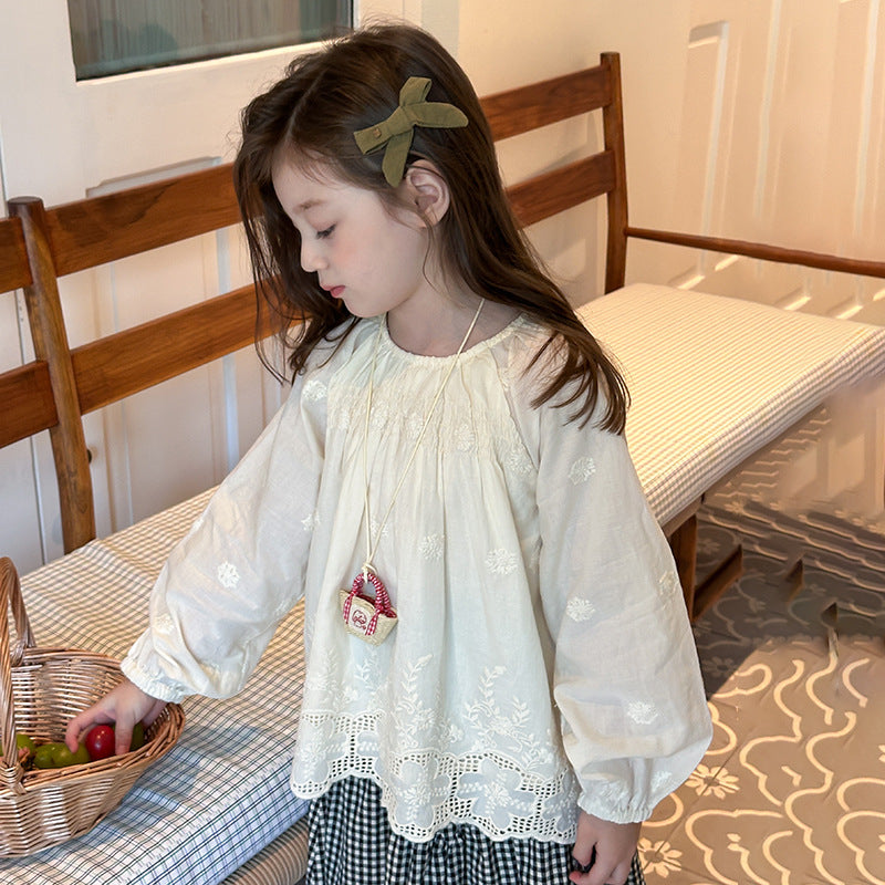 Girls’ Casual Embroidered Flower Long Sleeve Shirt