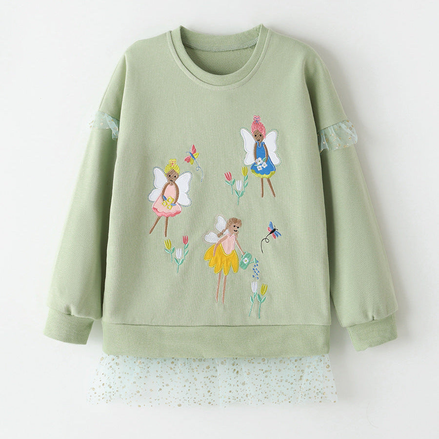Girls’ Cotton Embroidered Mesh Pullover Sweatshirt