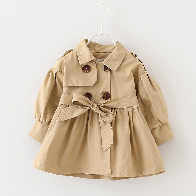 Girls’ French Style Double-Breasted Bow Trench Coat