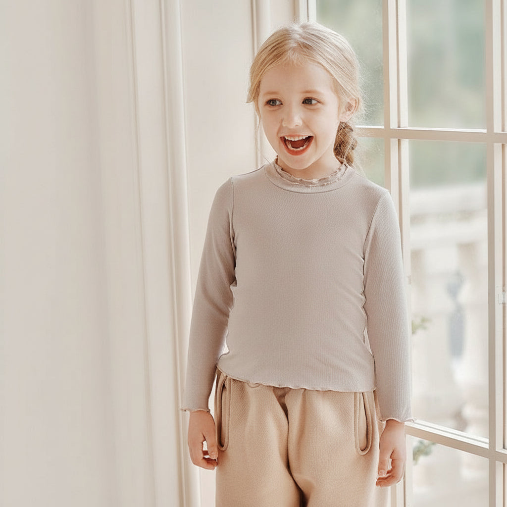 Girls Ribbed Mock Neck Ruffle Trim Cotton Long Sleeve Top