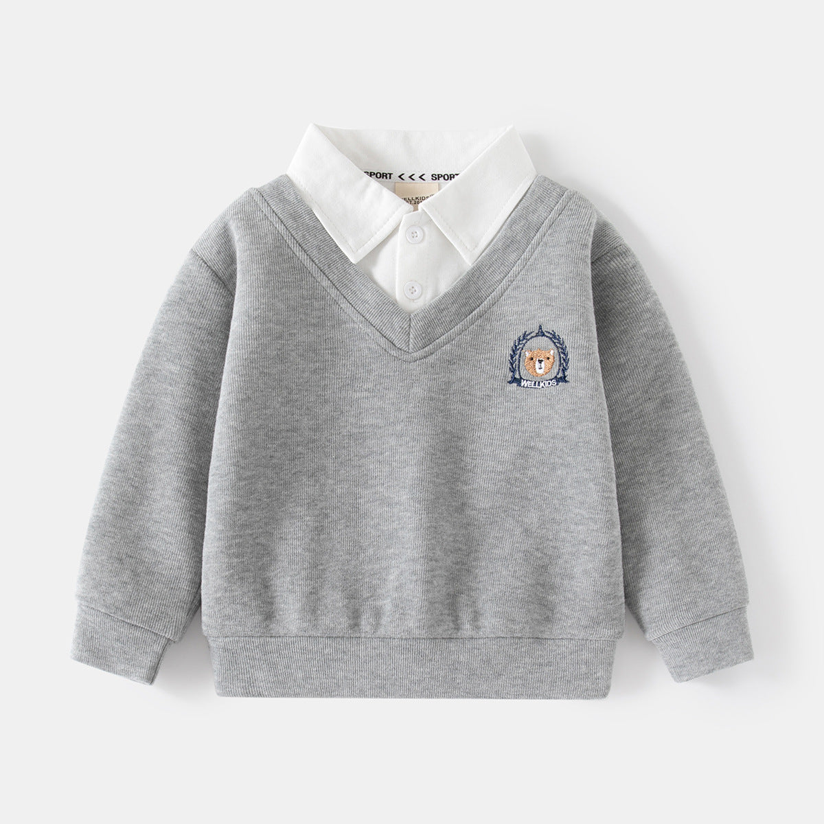 Boys V-Neck Faux Two-Piece Sweatshirt with Embroidered Bear Patch