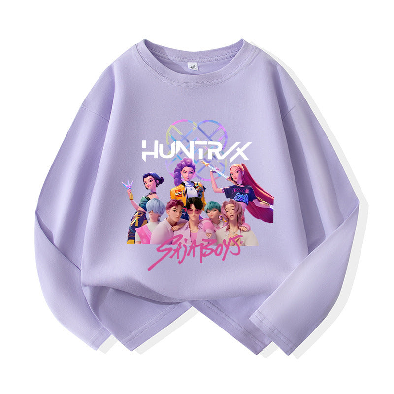 Kids’ Cartoon Demon Hunter Girls Graphic Cotton Long Sleeve T-Shirt